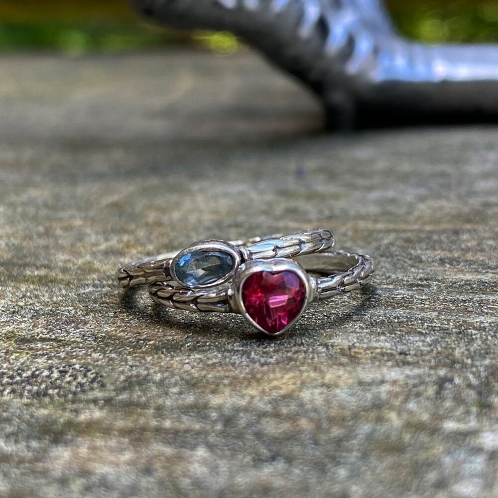 NEW 925 Pink Topaz & Aquamarine Textured Ring Set